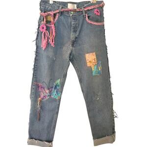 Upcycled One of a kind  Distressed Patched Vintage lace Boyfriend Jeans Size 32